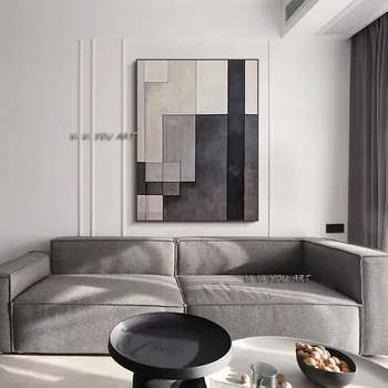 100 % El Yapımı Siyah ve Beyaz Geometri Soyut Yağlıboya Minimalist Modern Oturma Odası İçin Tuval Duvar Sanatı Dekoratif