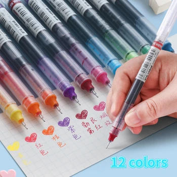 12 adet / paket Düz Sıvı Hızlı Kuru Jel Kalemler Büyük Kapasiteli Renkli Kalemler 0.5 mm İnce Nokta İmza Kalem Haddeleme Tükenmez Kalemler