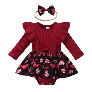 2023-11-03 Lioraitiin 0 - 18M Bebek Kız sevgililer Günü Giysileri Fırfır Kollu Romper Elbise Tulum Yay Bandı 2 ADET Kıyafet Seti