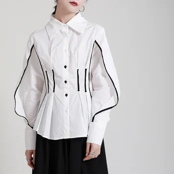 2023 Bahar Moda Son Fransız Vintage Gömlek Paneli Kontrast Beyaz Gömlek Slim Fit Tasarım Uzun Kollu Üst Kadınlar için