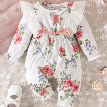 2023 Bebek çocuk tulumları Rahat İngiliz Tarzı Sonbahar Kış Çiçek Baskı Uzun Kollu Bodysuit Yenidoğan Bebek Kız Tulum Kıyafetler