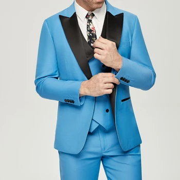 2023 Erkekler 3 Parça Takım Elbise Erkekler İçin Damat Groomsmen Smokin Düğün Erkek Takım Elbise Terno Masculino (Ceket+Pantolon+Yelek) mavi Stüdyo Takım Elbise