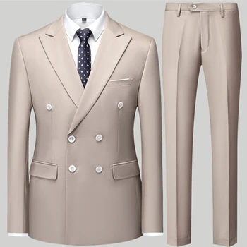 2023 Moda Yeni erkek Rahat Butik Kruvaze Takım Elbise Pantolon / erkek takım elbise Ceket Blazers Ceket Pantolon 2 Adet Set