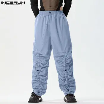 2024 Erkek Kargo pantolon Düz Renk İpli Pilili günlük pantolon Erkekler Streetwear Joggers Gevşek Moda Pantalon S-5XL INCERUN