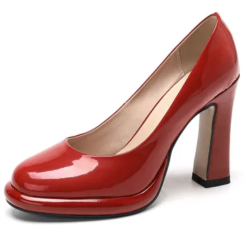 2024 Yeni Klasikleri Patent deri ayakkabı Kadın Kalın Yüksek Topuklu Platformu Üzerinde Kayma Pompaları Bahar Bayan Elbise Ayakkabı
