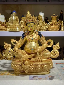 30 CM büyük 5A IYİ Budist malzemeleri Tapınak buda heykeli Budizm Jambhala sarı servet tanrı buda Altın kaplama bakır heykeli