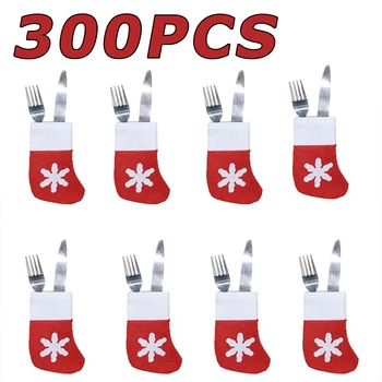 300 adet Mini Noel Çorap Noel Partisi Masa Bıçak Kaşık Çatal Çanta Noel Çorap Dekorasyon Sofra Çanta Asılı Süsleme
