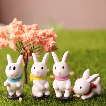 4 adet / takım Kawaii Tavşan Aile + Çiçekler Ağacı Minyatürleri DIY Teraryum Figürleri Yosun Peyzaj Aksesuarları Ev Dekor
