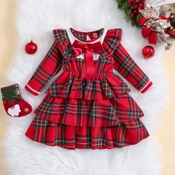 6 M-5 T Toddler Kız Noel Kostüm Ekose Baskılı Uzun Kollu Yuvarlak Boyun A-Line Kek Elbise Uçan Kollu Elbise