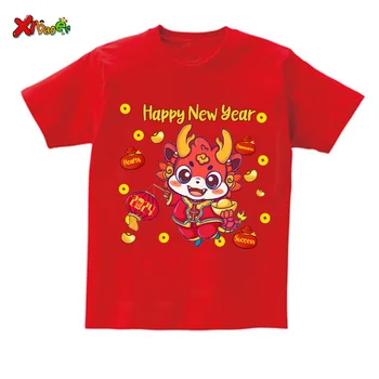 Aile Eşleştirme Gömlek Mutlu Yeni Yıl 2024 T Shirt Parti Kıyafetleri Çift Kıyafetler Kırmızı giyim seti Aile Bak Gömlek Çin Yılı