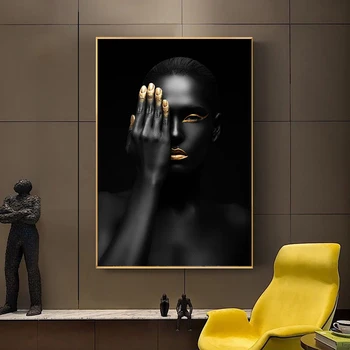 Altın makyaj Siyah Kadın Tuval Baskılar Duvar Sanatı Posterler ve Baskılar Afrika Portre Sanat Cuadros Resim Oturma Odası Dekor için