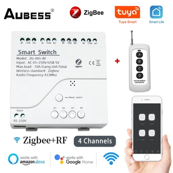 Aubess Zigbee akıllı anahtar RF433 4CH akıllı anahtar 10A Tuya Akıllı Ev Röle Modülü Ses Kontrolü Alexa Google Ev İle Çalışır