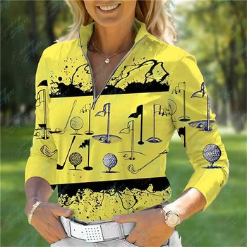 Bahar Sonbahar Golf Polo Uzun Kollu kadın Moda Baskılı Gömlek Açık Spor Nefes Hızlı Kuru Tenis Golf Üst Gömlek
