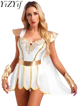Bayan Cadılar Bayramı Antik Roma İmparatoriçesi Toga Kostüm Mitoloji Cosplay Yunan Tanrı süslü elbise Petal Etek Bodysuit Bilekliği ile