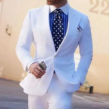 Beyaz Erkek Takım Elbise Slim Fit Geniş Doruğa Yaka Düğün Yemeği Parti Damat Smokin 2 Adet Erkek Moda Ceket Pantolon