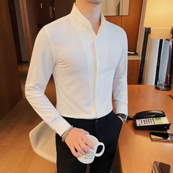 Beyaz Mandarin Yaka Komple Zarif Elbise Gömlek Erkek Beyefendi İngiliz Tarzı Düğün Şık Giyim Siyah Standı Yaka Üst