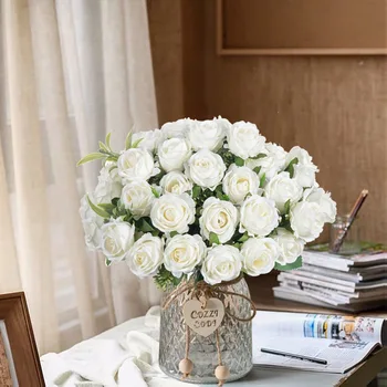 Beyaz gül Buketi 10 Kafaları İpek Gül yapay çiçek Düğün Masa Parti Vazo Ev Dekorasyon Sahte Çiçek
