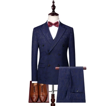 (Blazer + Pantolon + Yelek) erkek Moda İş Rahat Kruvaze İnce Takım Elbise Damat Düğün Smokin Ziyafet Elbise Parti Elbise Erkek