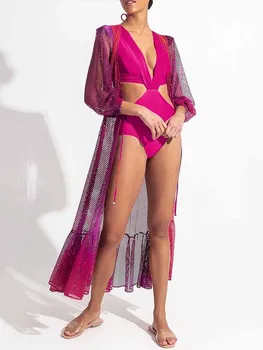 Bordo Düz Renk Mayo Derin V Dantel-up Bel Açığa Mayo Dantel Pelerin plaj elbisesi Moda Yeni kadın mayo