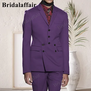 Bridalaffair Koyu Mor 2023 Moda Yeni erkek Eğlence Butik İş Düz Renk İnce Düğün Damat Takım Elbise Blazer Ceket Pantolon