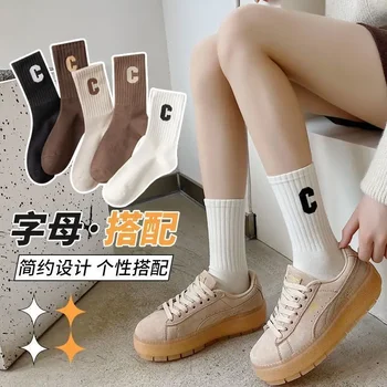 Büyük C harfi çorap kadın İlkbahar ve sonbahar uzun yeni pamuk çorap kadın spor çorapları fitilleri pamuk rahat düz renk