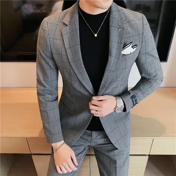 (Ceket + Pantolon) yeni erkek Butik İş Ekose Düğün Hostes Takım Elbise / Erkek Akşam Elbise Blazers Pantolon 2 Adet Set S-4XL