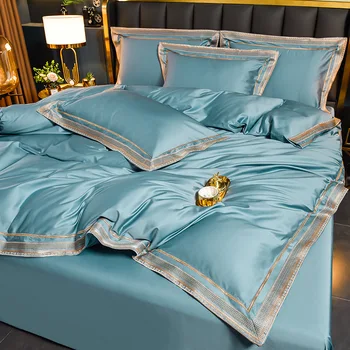 Düz Renk Nakış Yatak Dört parçalı Set Çift Büyük yatak çarşafı Nevresim Yastık Kılıfı Lüks Basit pamuk yatak
