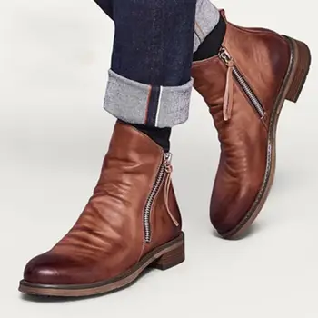 Erkek Deri Çizmeler Retro Açık Fermuar Su Geçirmez Büyük Boy erkek yarım çizmeler Düz Renk Klasik Rahat Erkek Ayakkabı