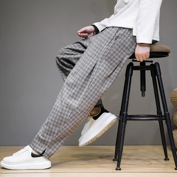 Erkek Kış Yün Pantolon Çin Tarzı Erkekler Gevşek Kalınlaşma Sıcaklık Geniş bacak harem pantolon Erkekler Japon Ekose Pantolon Küçük Ayaklı