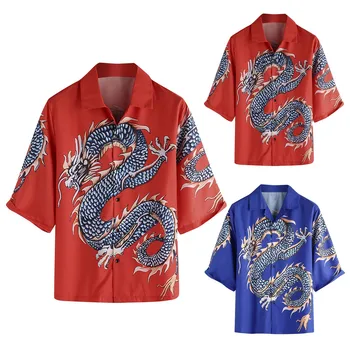Erkek Yaz Rahat Çin Ejderha Baskı Tasarım Yaka Kısa Kollu Gömlek Plaj Tatil Gömlek Kısa Kollu T Shirt Erkekler İçin Y2k