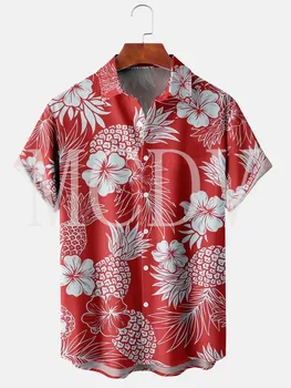 Erkek kadın Hawaii Ananas Baskı Yaka Gevşek Göğüs Cebi Kısa Kollu Funky Aloha Gömlek