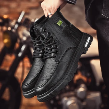 Erkek sonbahar yüksek top kalın tabanlı motosiklet iş çizmeleri siyah deri ayakkabı erkek yüksek topuklu ayakkabılar İngiliz deri çizmeler