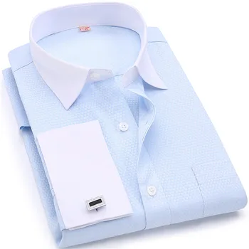 Erkekler Fransız Kol Düğmeleri Gömlek Beyaz Yakalı Tasarım Düz Renk Jakarlı Kumaş Erkek Beyefendi Elbise Uzun Kollu Gömlek