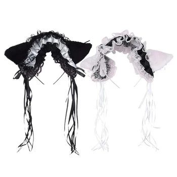 Gotik Lolita Hizmetçi Kadın Kız Ruffles Dantel Kafa Bandı Peluş Kedi Kulaklar Şerit Çan Lolita kostümlü oyun saç Çember