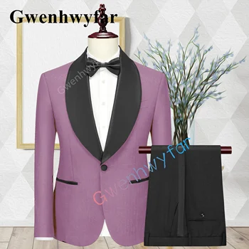 Gwenhwyfar High-end Özel Yüksek Kaliteli Kumaş Trendi Yeni Takım Elbise Yaka Blazer Pantolon İle Pembe Moda Düğün Smokin En İyi Erkek Takım Elbise