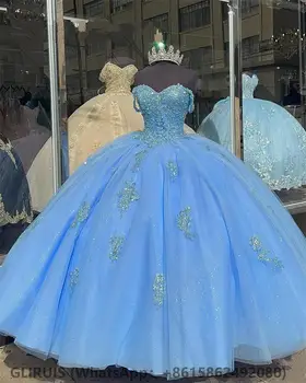 Gökyüzü Mavi Kapalı Omuz Balo Quinceanera Elbiseler Kızlar İçin 2023 Boncuklu Ünlü Parti Törenlerinde Aplikler Mezuniyet Vestido