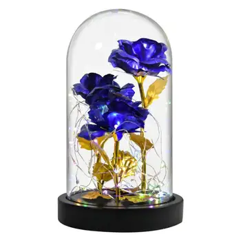 Gül cam yapay çiçek cam kubbe anneler günü gül hediyeler için LED ışıkları ve ahşap taban ile düğün yıldönümü
