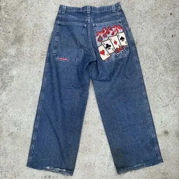 Harajuku Erkek Kadın Streetwear JNCO Kot Y2K Hip Hop Desen Retro Mavi Gevşek Denim Pantolon Gotik Yüksek Belli Geniş Pantolon