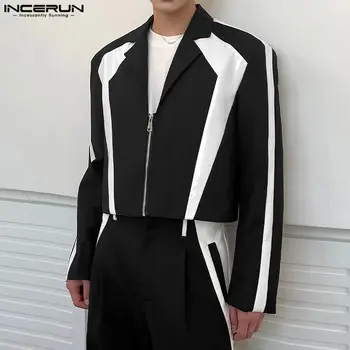 INCERUN Üstleri 2023 Kore Tarzı erkek Siyah ve Beyaz Kontrast Renk Patchwork Blazer Casual Parti Gösterisi Sıcak Satış Takım Elbise Mont S-5XL