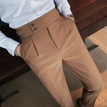 Ilkbahar Sonbahar İngiliz Tarzı İş İnce Erkek Takım Elbise Pantolon Kore Moda Yüksek belli rahat pantolon Resmi Sosyal / takım elbise pantalonları