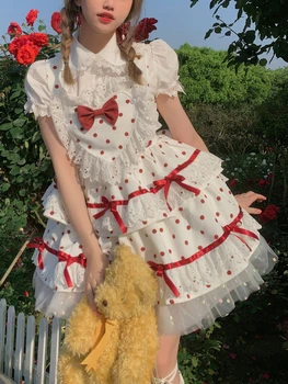 Japon Kawaii Lolita Jsk Elbise Kadın Nokta Baskı Tatlı Parti Mini Elbiseler Kadın Yaz Puf Kollu Zarif Prenses kemerli elbise