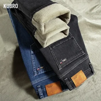 KUBRO Sonbahar Kış Kore Retro Kadife Streç Yüksek Bel Kot Erkekler Düz Sıcak İş günlük pantolon Büyük Boy 28-46