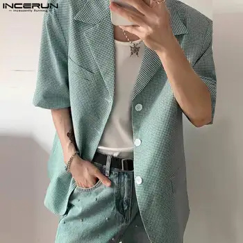 Kore Tarzı Yeni erkek Moda Ekose Tasarım Takım Elbise Mont Casual Streetwear Erkek Yaka Kısa Kollu Blazer S-5XL INCERUN Tops 2024
