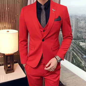 Kırmızı Düğün Erkek Takım Elbise Akşam Balo Doruğa Yaka Slim Fit Custom Made Groomsmen Smokin 3 Parça Erkek Takım Elbise (Ceket + Pantolon + Yelek)