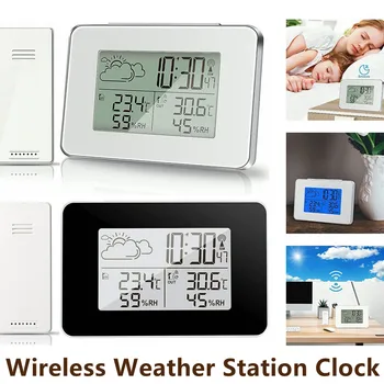 LCD dijital alarmlı saat Saat Kablosuz Sensör Kapalı ve Açık Sıcaklık Nem Durumu Erteleme Masa Saatleri Hava istasyon saati