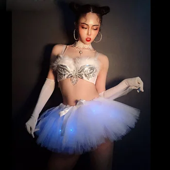 LED ışıklı Tutu Etek Sutyen dans kostümü Parti Gösterisi Performans Elbise Seksi Bar Gece Kulübü DJ Şarkıcı Sahne Giyim