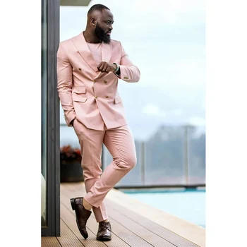 Lüks Düğün Blazer Pembe Erkek Takım Elbise Kruvaze Doruğa Yaka Resmi Gevşek 2 Parça Ceket Pantolon Düzenli Uzunluk Kostüm