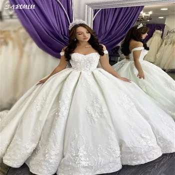 Lüks Sevgiliye Boyun Kapalı Omuz düğün elbisesi Romantik Dantel Kat uzunlukta gelin kıyafeti Zarif Vestidos De Novia