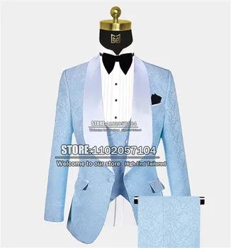 Mavi Jakarlı Takım Elbise Erkekler Düğün İçin Slim Fit Saten Yaka Ceket + Yelek + Pantolon 3 Adet Resmi Damat Smokin Terno Masculino