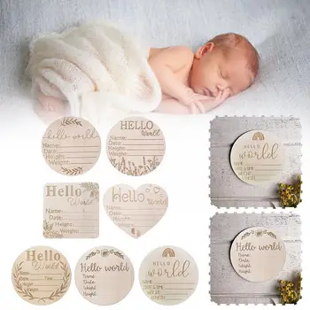 Merhaba Dünya Doğum Duyuru Işareti Ahşap Kilometre Taşı Kartı Bebek Sahne Bebek Kartları Doğum Büyüme Kartları Kayıt Fotoğraf Q5G4